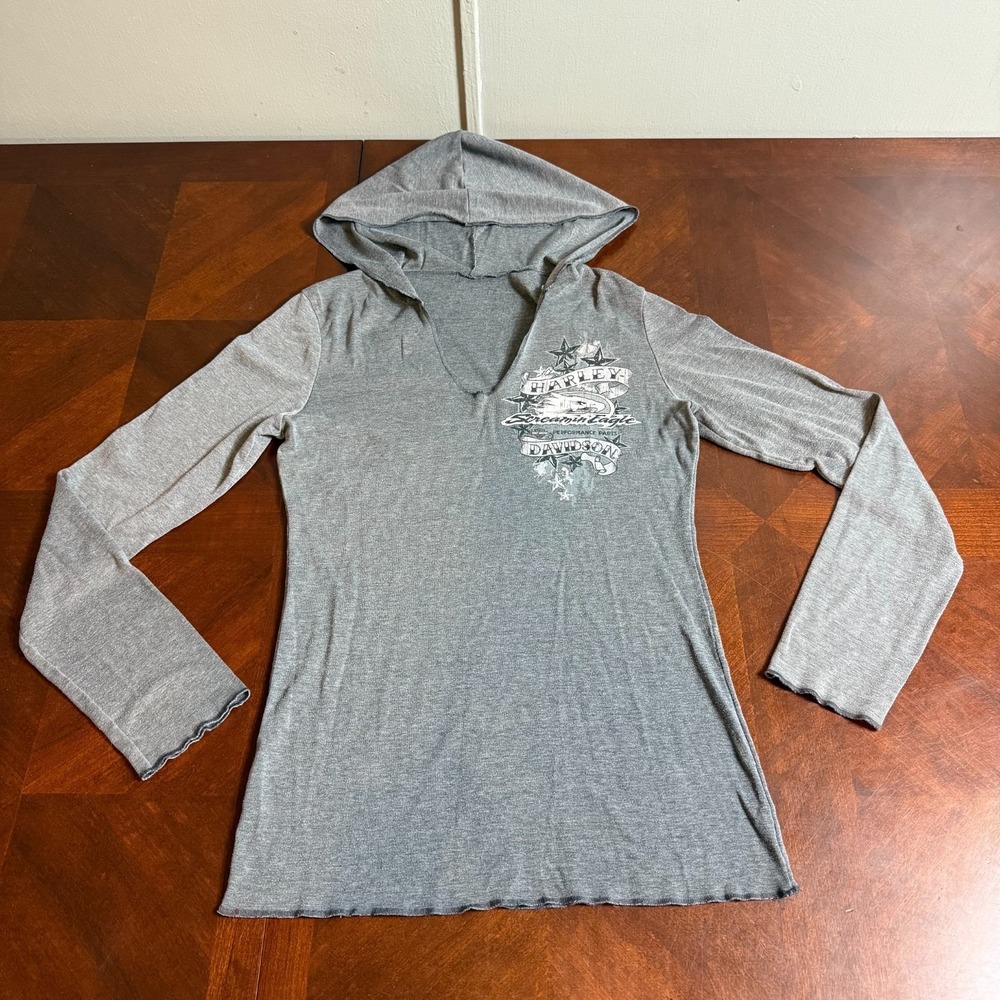 Harley Davidson Screamin Eagle Women's Small Gray Hooded V Neck Top‎ Y2K